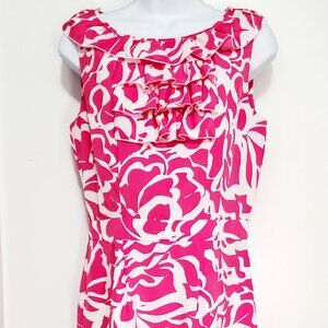 BANANA REPUBLIC Hot Pink/White Print Ruffle Trim Dress- Fitted Waist Fancy-Size6